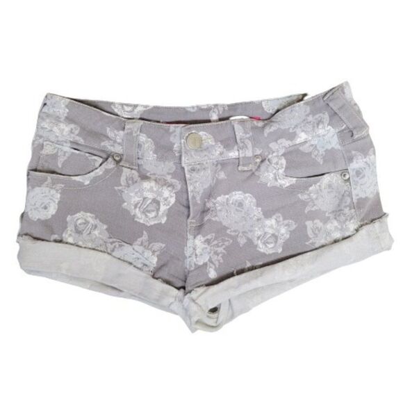 Tinseltown Floral Rose Denim Flap Pocket Cuffed Shorts‎ Gray Womens Size 9 Denim - Picture 1 of 12
